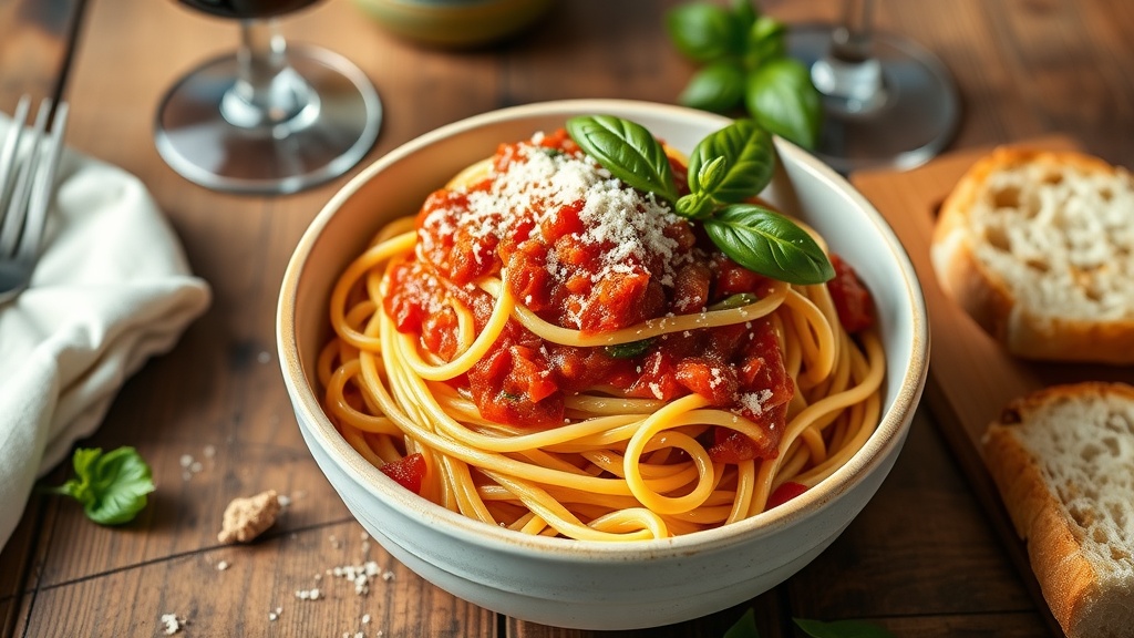 Classic Pasta Marinara Recipe A bowl of spaghetti Pasta Marinara garnished with basil and cheese, served with garlic bread and wine.